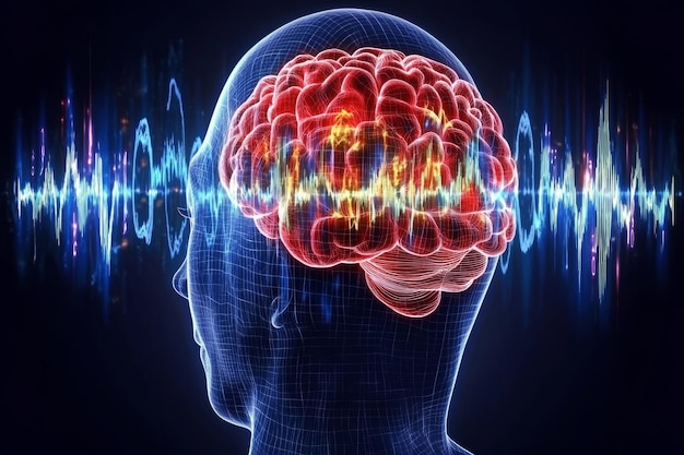 Gliotransmission frontal lobe and mirror neurons brain emitting sound waves symbolizing the connect