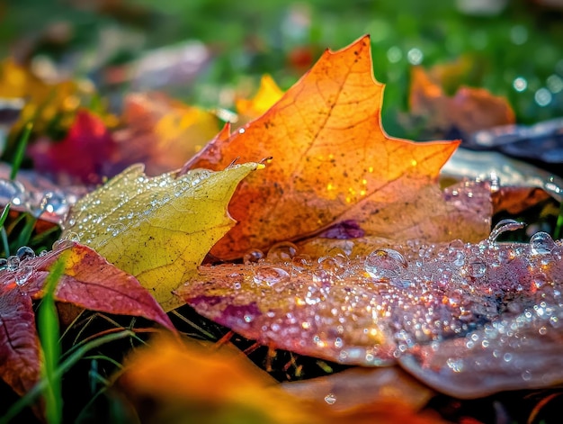 Glistening Dew on Leaves in Early Autumn Mornings