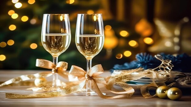 Glistening Festivities Champagne Glasses Amidst Christmas Ornaments Generative AI