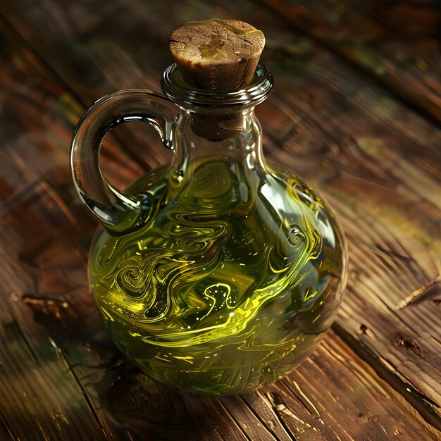 Glistening Green Olive Oil Extract Flowing Gracefully in a Glass Container with Swirling Golden Hues