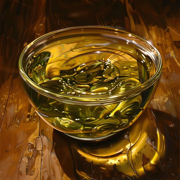 Glistening Olive Oil Extract in Glass Container with Swirling Golden Hues and Warm Wooden Tabletop