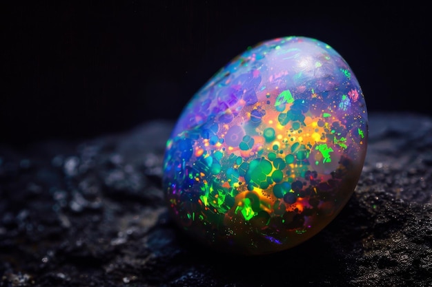 Photo a glistening opal resting on a dark textured surface showcasing vibrant colors and patterns