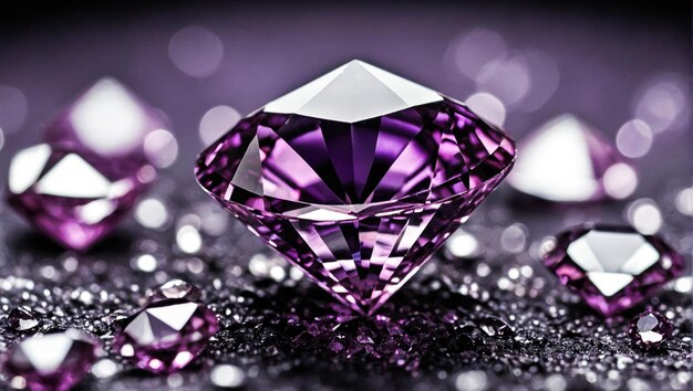 Glistening purple gemstones form a shiny diamond scene symbolizing fashion glamour and wealth with brilliance and elegance