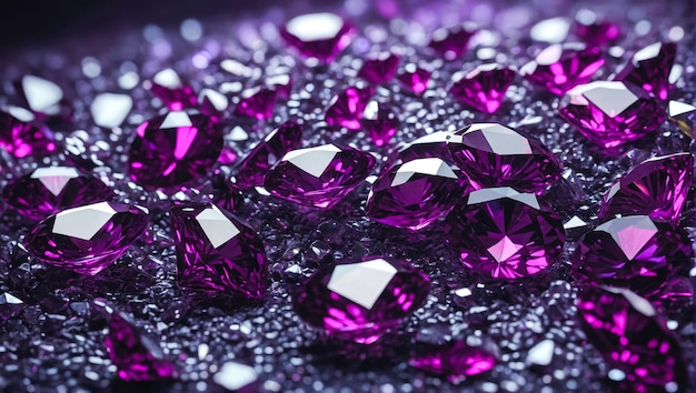 Glistening purple gemstones form a shiny diamond scene symbolizing fashion glamour and wealth with brilliance and elegance