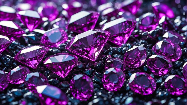 Glistening purple gemstones form a shiny diamond scene symbolizing fashion glamour and wealth with brilliance and elegance