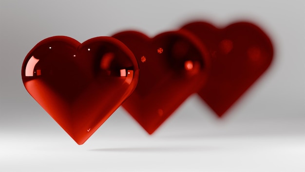 Glistening Red Hearts 3D Render with Glass Effect