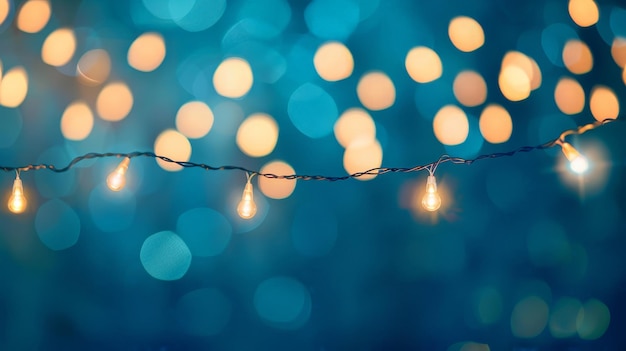 Photo glistening string lights against blue background enchanting atmosphere for festive romantic event