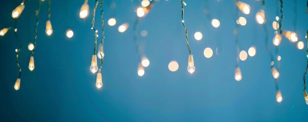 Photo glistening string lights against blue background enchanting atmosphere for festive romantic events