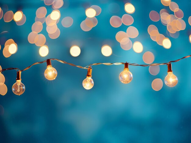 Photo glistening string lights against blue background enchanting atmosphere for festive romantic events