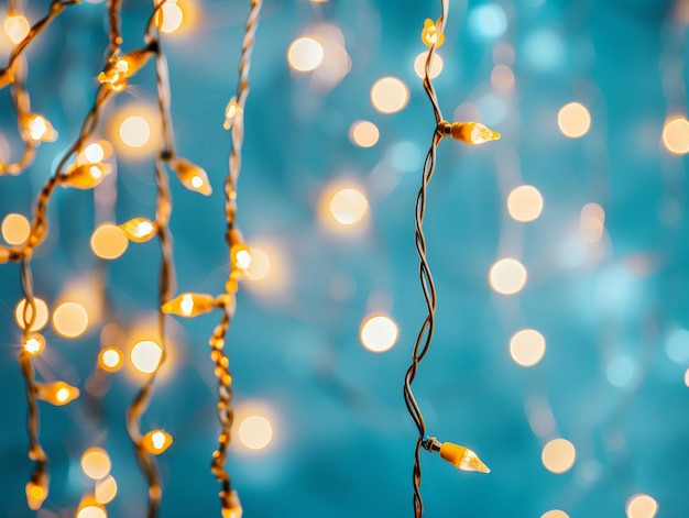 Photo glistening string lights against blue background enchanting atmosphere for festive romantic events