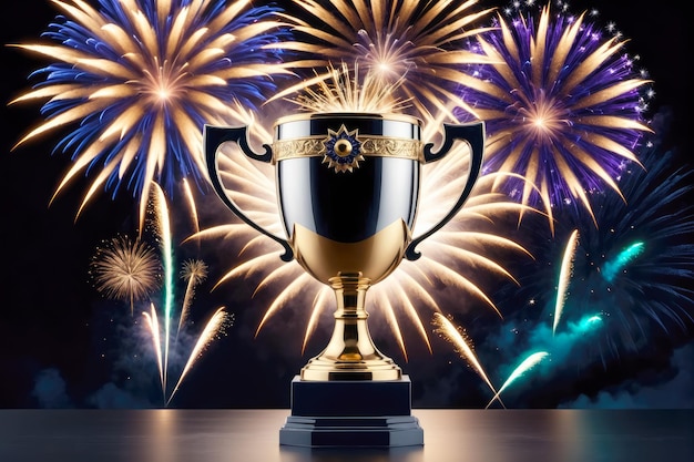 Glistening with success a trophy cup is adorned by a radiant fireworks display embodying award winning glory AI Generated