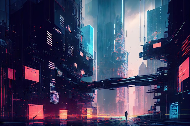 A glitch in a digital cityscape that reveals the hidden secrets of a futuristic metropolis