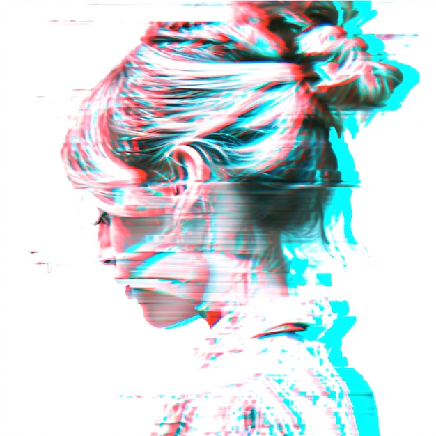 Glitch Effect Portrait of French Girl in Cyan Tones Generative AI