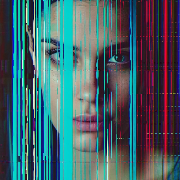 Glitch Effect Portrait of French Girl in Cyan Tones Generative AI