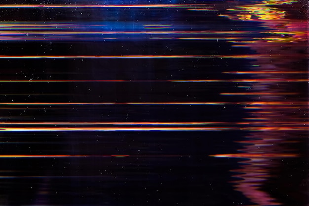 Glitch overlay. Display damage. Glowing stripes dust on dark background.