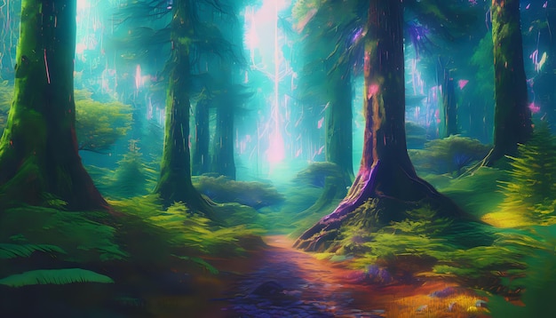 A glitchedout forest with trees that glitch into digital artifacts digital nature surreal