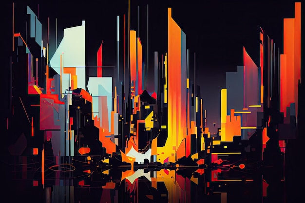 A glitchy digital cityscape with abstract shapes and bright colors