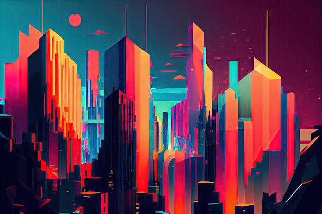 A glitchy digital cityscape with abstract shapes and bright colors