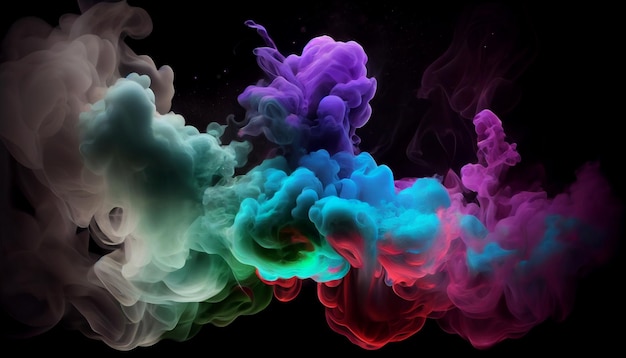 Glitter liquid Blue green red white purple smoke in dark black background