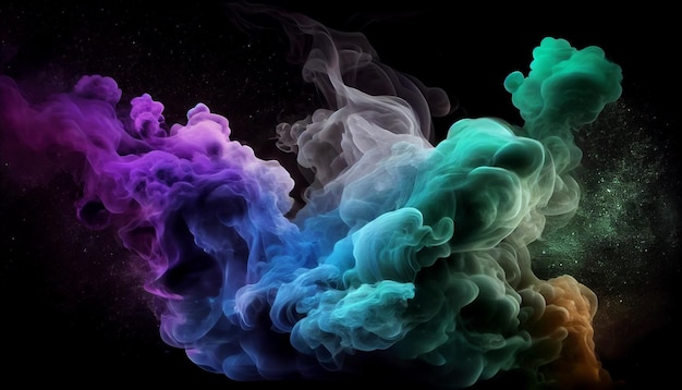 Glitter liquid Blue green red white purple smoke in dark black background