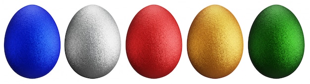 Glittering eggs for Easter Day. Lined up with different colors and patterns.red, green, gold, blue and silver on white surface.3D rendering. There is a clipping path.