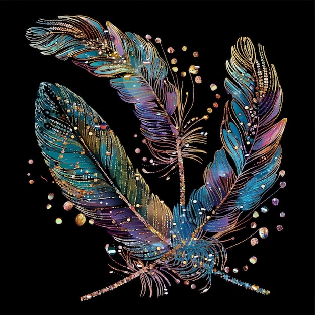 Glittering Glamorous feather illustration in sparkling radiant colors