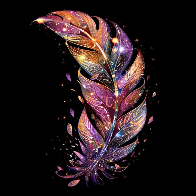 Photo glittering glamorous feather illustration in sparkling radiant colors