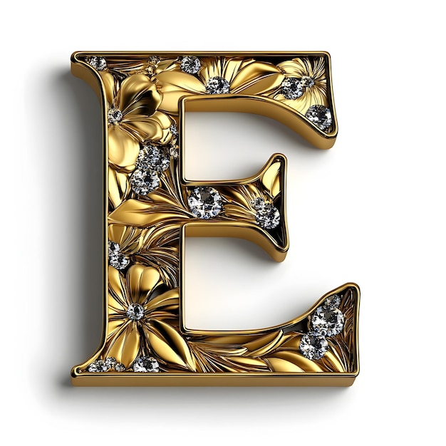 Photo glittering golden letter e with sparkling diamond floral patterns on white background