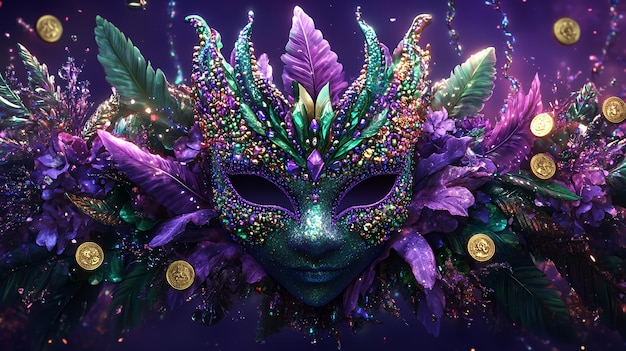 A glittering masquerade mask surrounded by purple and green feathers and golden coins creating a festive and mysterious atmosphere