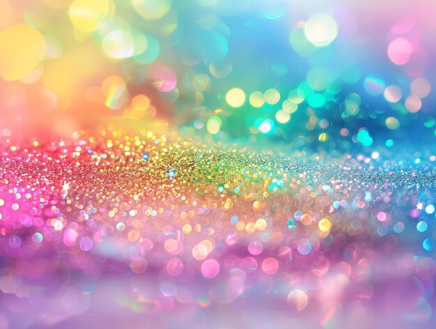 Glittering rainbow backdrop features colorful softly blurred bokeh lights