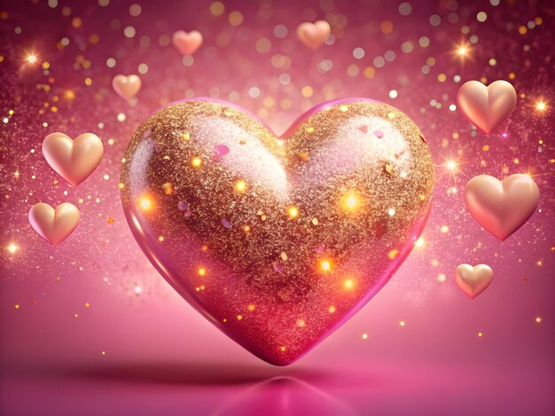 Photo glittering red heart with golden sparkles and tiny hearts on a pink background