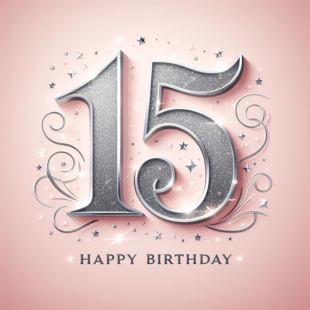 Glittering silver 15 birthday greeting with decorative elements and soft pink background