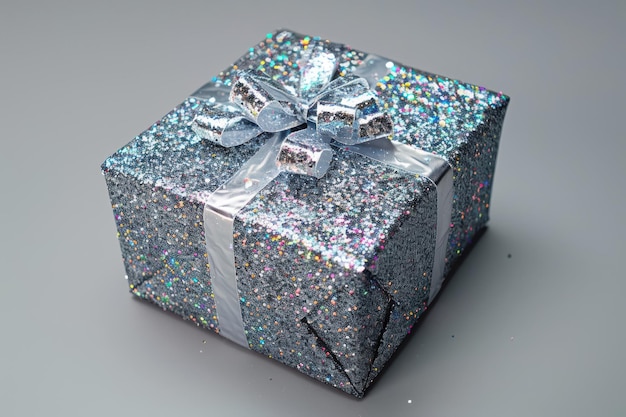 Photo a glittery birthday present with a silver ribbon