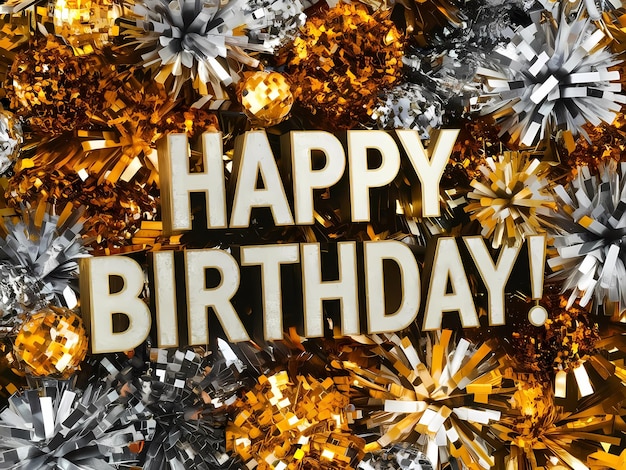 A glitzy collage of sparkling glitter and shiny foil elements framing a festive Happy Birthday