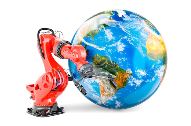 Global Automation Technologies concept Robotic arm with Earth Globe 3D rendering