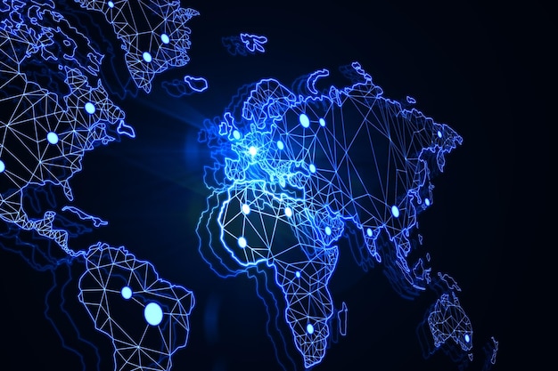 Global blockchain concept with world map countries outlined with neon lines and glowing round spots on black dark background