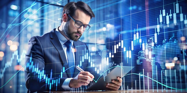 Global business Banking Finance and stock Investor touching of invest graph data growth on business network and investment risk analysis for return of success