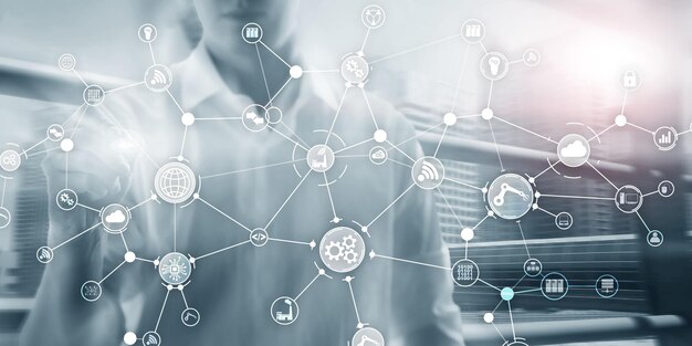 Global business connection Innovation concept on virtual screen Internet of things Smart industry concept mixed media diagram