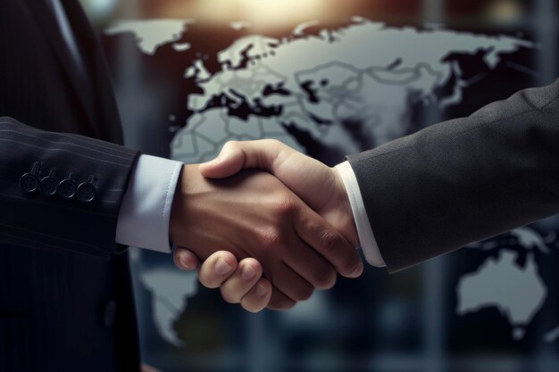 Global business handshake with world map