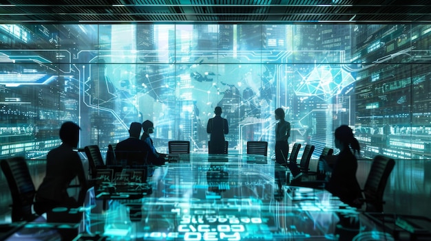 Global Business Leaders Meeting in Futuristic Boardroom A group of business professionals are