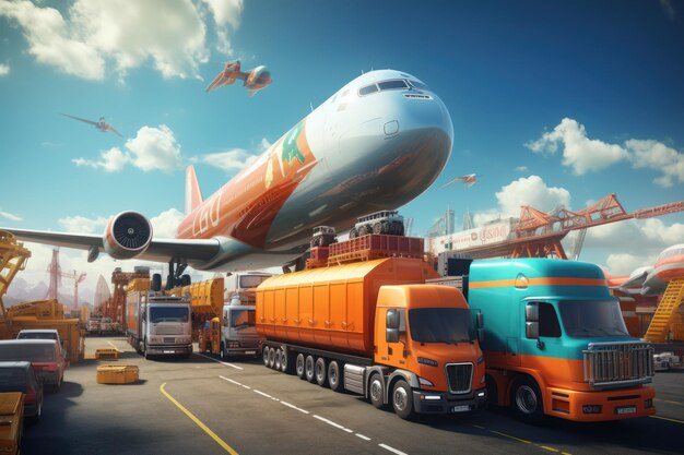 Global business logistics import export concept airplane truck train ship container Generative AI