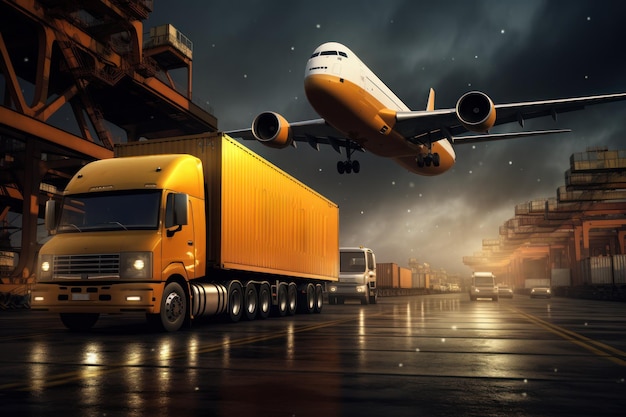 Global business logistics import export concept airplane truck train ship container Generative AI