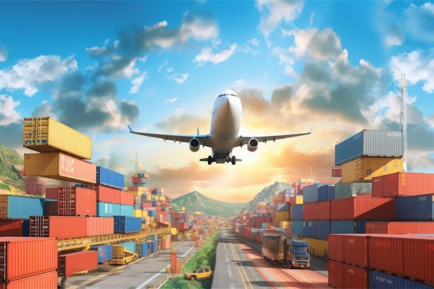 Global business logistics import export concept airplane truck train ship container Generative AI