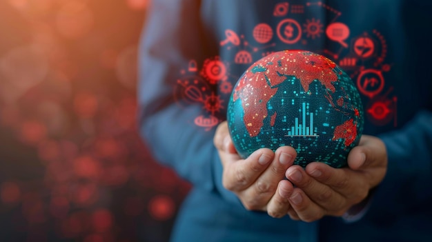 global businessman holding earth globe with digital icons and data visualization