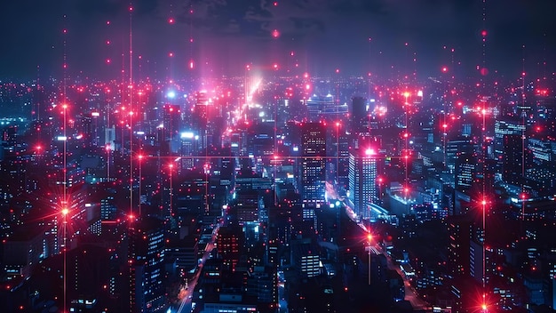 Global cityscape at night with digital network technology connecting via 5G Concept Nighttime cityscape Technology Digital network 5G connectivity Global urban landscape