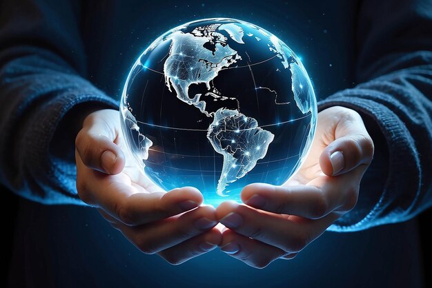 Global communication network Hands holding crystal earth globe and circle global network connectionEnergy and ecology concept Protecting earth planet and development ecological energy