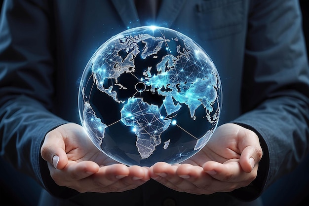 Global communication network Hands holding crystal earth globe and circle global network connectionEnergy and ecology concept Protecting earth planet and development ecological energy