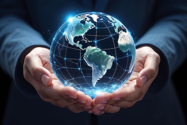 Global communication network Hands holding crystal earth globe and circle global network connectionEnergy and ecology concept Protecting earth planet and development ecological energy