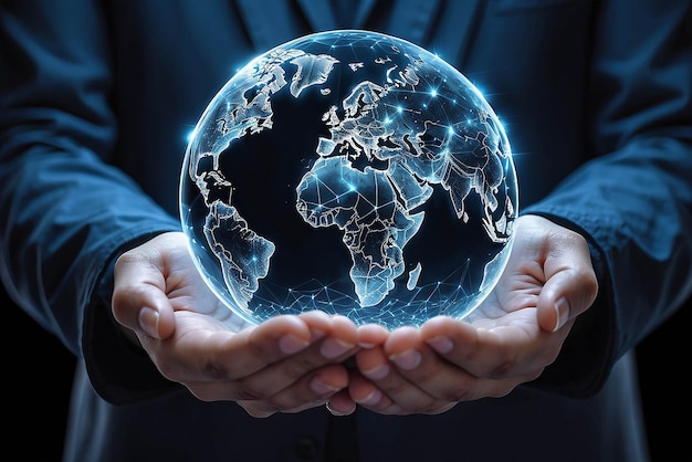 Global communication network Hands holding crystal earth globe and circle global network connectionEnergy and ecology concept Protecting earth planet and development ecological energy