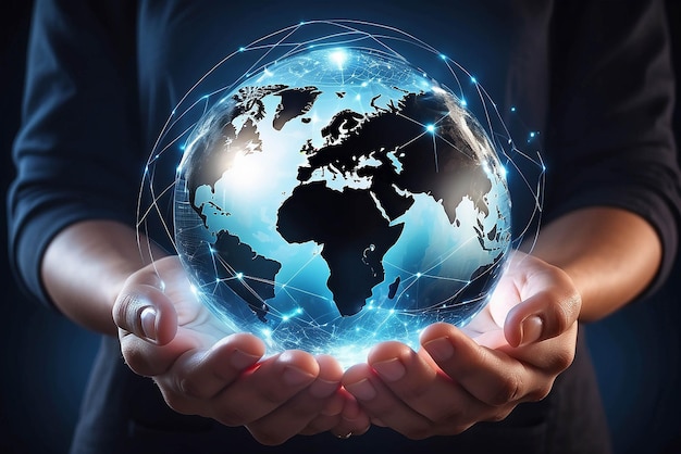 Global communication network Hands holding crystal earth globe and circle global network connectionEnergy and ecology concept Protecting earth planet and development ecological energy